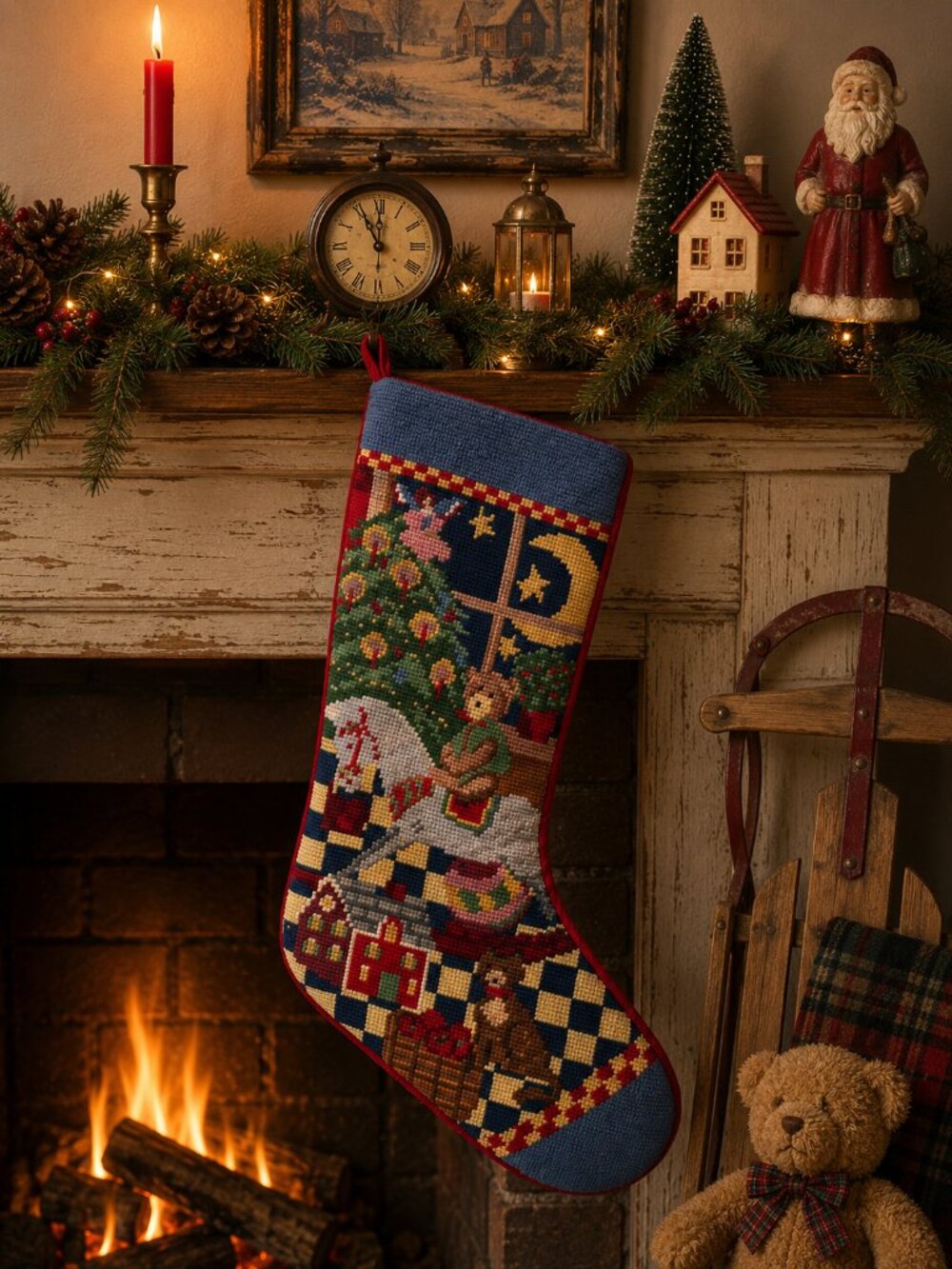 Vintage Handmade Needlepoint Christmas Stocking – Toys, Tree & Moon – Velvet Bac